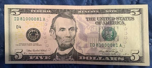 VERY RARE - BINARY RADAR REPEATER PALINDROME 2006 $5 Dollar Bill ID 81000081 A - Picture 1 of 5