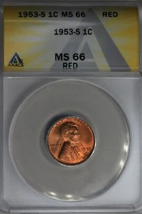 1953-S .01 ANACS MS 66 RED Lincoln Head Cent, Lincoln One Cent - Picture 1 of 2