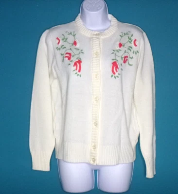 Cárdigan Acrílico De Colección Blanco Off con Bordado Floral Talla 38 Hecho en Austria Foto 1 de 4