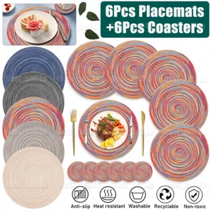 Set of 6 Placemats & 6 Coasters Round Place Table Mats Washable Heat Resistant - Picture 1 of 64