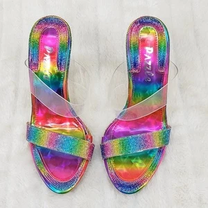 Lee Arco Iris Holograma Estrás Sin Cordones Doble Correa Tacón Alto Zueco Zapatos Mula - Imagen 1 de 13