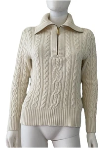 Maglione Ralph Lauren LRL maglia cavo 1/4 zip avorio 100% cotone collo tartaruga taglia M - Foto 1 di 14