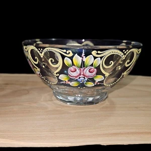 Bohemia Czechoslovakia Hand Cut 24% Lead Crystal Amethyst Enamel Bowl - Picture 1 of 5