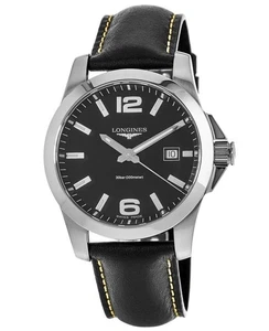 Nuevo reloj Longines Conquest de cuarzo con esfera negra de cuero negro para hombre L3.759.4.58.3 - Imagen 1 de 3