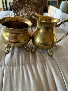 Vintage Brass Colored Footed Sugar Bowl & Creamer Metalware - Picture 1 of 3