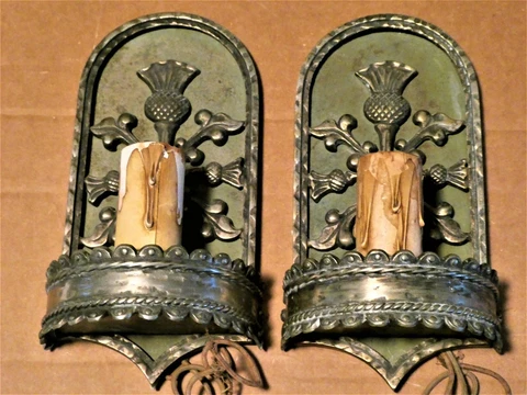 Pair of Thistle Back Bronze Sconces With Nickel Plate Orig. Finish Antique Cover