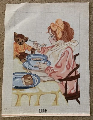 Vintage Handpainted Little Girl with Bear Needlepoint Canvas 14Ct 18" x 24.5" - Image 1 of 4
