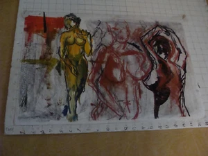 large original drawing -- ABSTRACT OF WOMAN NUDES, THREE, COOL paint chalk etc - Picture 1 of 3