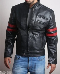 Custom Made Genuine Lambskin Leather Jacket Slim Fit Red Stripes Black Biker - Picture 1 of 7