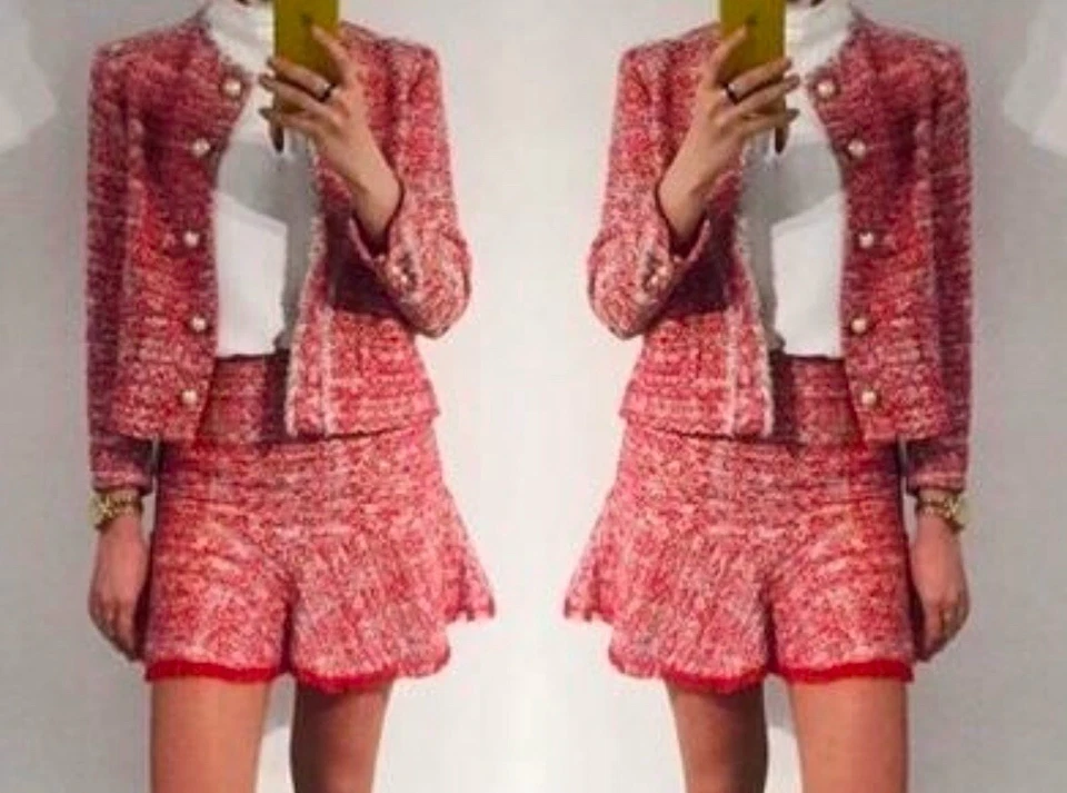 ZARA Red Tweed Textured Weave Frayed Blazer Jacket Size S /Mini Skirt Size M Set - Image 1 of 4