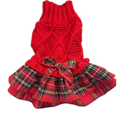 Vestido Suéter Rojo Tejido Cuello Alto Falda Cuadros Cachorro Perro Volantes Arco XS Foto 1 de 4