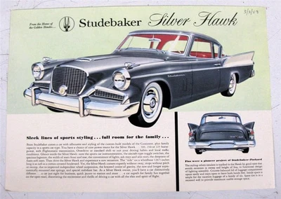 STUDEBAKER Silver Hawk Car Sales Leaflet Sheet USA 1958 #F 809 E - Image 1 of 2