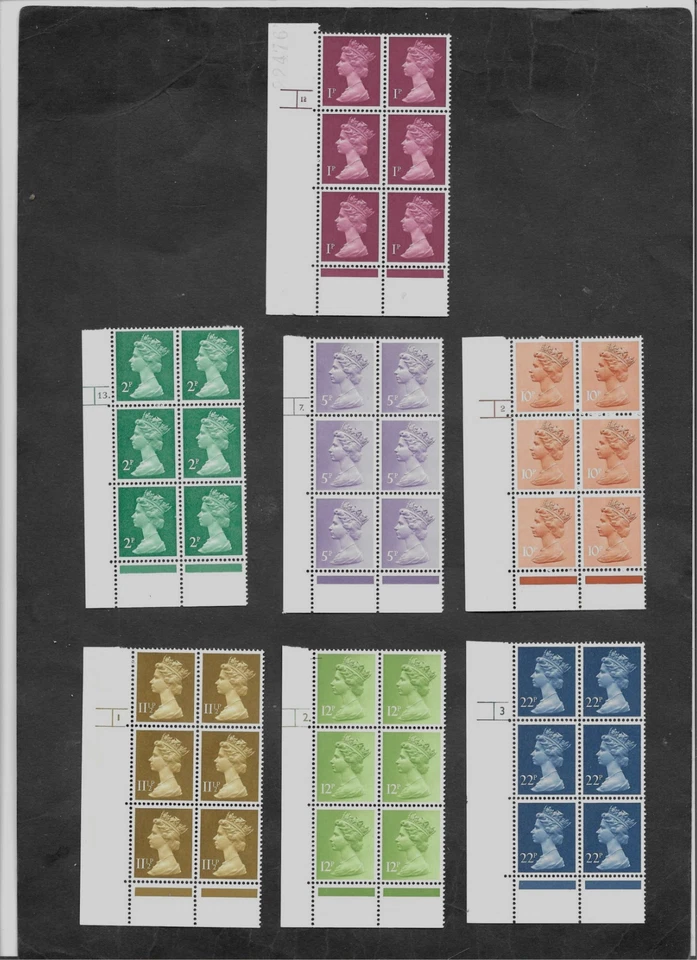 GB 1970s 7xDIFF'T QEII MACHIN CYLINDER NUMBER BLOCKS x 6 MNH AS IN PICTURES. - Image 1 of 1