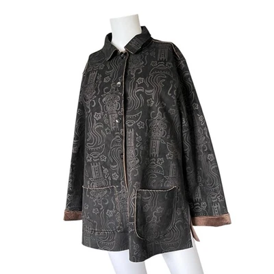 Chaqueta Vintage Chicos Imitación Gamuza Marrón Chocolate Oscuro Estampado Talla Mediana M Foto 1 de 4