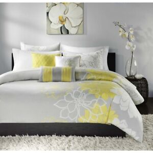 6pc Yellow Grey Reversible Cotton Duvet Cover Bedding Set AND Decorative Pillows