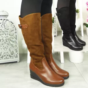 Botas de cuña de media pantorrilla Zapatos Plataforma Tacón alto Hebilla Cremallera Damas Mujeres Talla de bota - Imagen 1 de 17