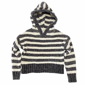 NWT JUSTICE Girls Sweater Hoodie Sz 6 Gray Ivory Stripes Pull-Over Stretch #0467 - Picture 1 of 4