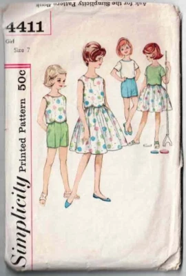 Girls Skirt Shorts Overblouse Pattern Simplicity 4411 1950's Vintage Size 7 CC - Image 1 of 2