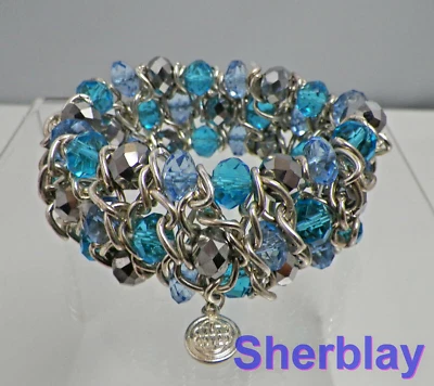 Pulsera Dana Buchman Azul Vidrio Facetado Cristal Cuentas Tono Plata Ancho Elástico Foto 1 de 4