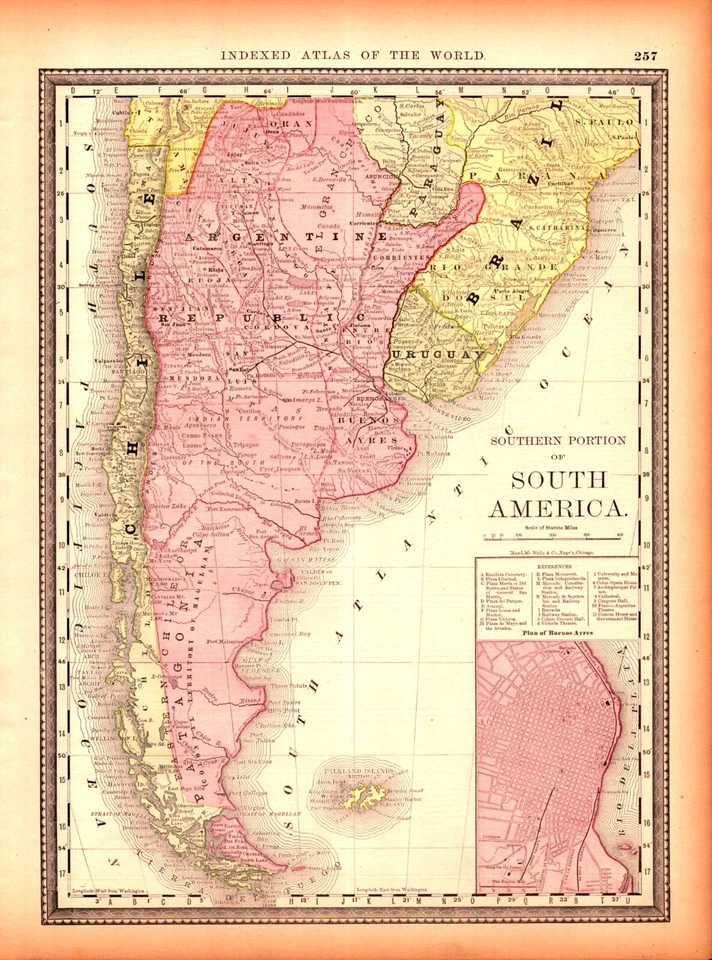 REPÚBLICA ARGENTINA, URUGUAY, CHILE, PATAGONIA Antiguo mapa Sudamérica 1883 Foto 1 de 1