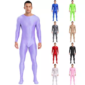 Men's Oil Glossy Bodystocking Bodysuit Long Sleeve Unitards Jumpsuits Underwear - Picture 1 of 46
