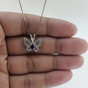 Real Amethyst & Diamond Women's Butterfly Pendant Necklace 925 Silver - Picture 1 of 4