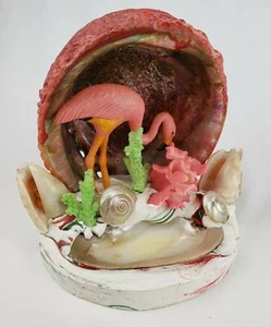 Vintage Folk Art Sculpture Mid Century Flamingo Seashell Trinket Dish Odd Oddity - Picture 1 of 12