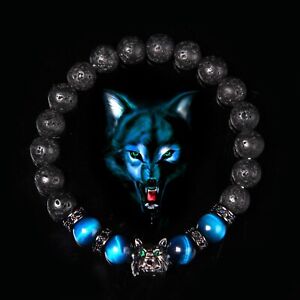 Charm Natural Blue Tiger Eye Stone Bead Wolf Bracelet Elastic Men Bangle Jewelry