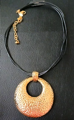 Vintage Joan Rivers Hammered Goldtone Medallion Leather Cord Statement Necklace - Image 1 of 4