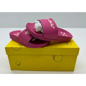 Off White Kids Pool Slider Script Logo Fuchsia Yellow Size 29 NIB #21S - Picture 1 of 11