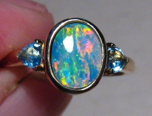 Brilliant Opal & Blue Topaz Ring   , solid  14k Yellow Gold , Brightness 5 - Picture 1 of 14
