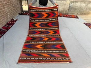 Vintage Afghan Tribal Sumak Kilim Rug, 4'1" x 8 Handwoven Boho Decor Kitchen Rug - Picture 1 of 12
