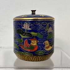 Vintage Chinese Cloisonne Enamel Trinket Round Box Jar Ducks Water Lotus Signed