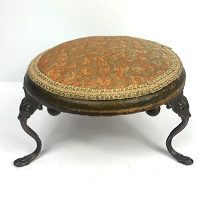 Antique Cast Iron & Wood Foot Stool Georgian Style Upholstered 3 Legs Tapestry - Picture 1 of 10