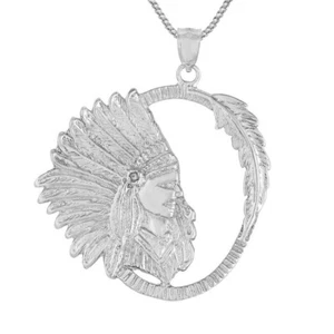 Sterling Silver Native American Indian Chief Head Pendant, Made in USA,Box Chain - Picture 1 of 7