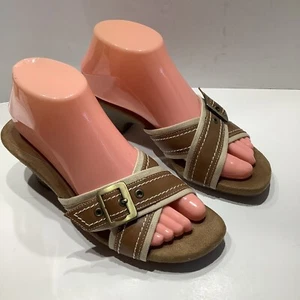 Aerosoles Algebra Slip On Slide Sandal Brown Leather Beige Canvas Womens Sz 8M - Picture 1 of 8