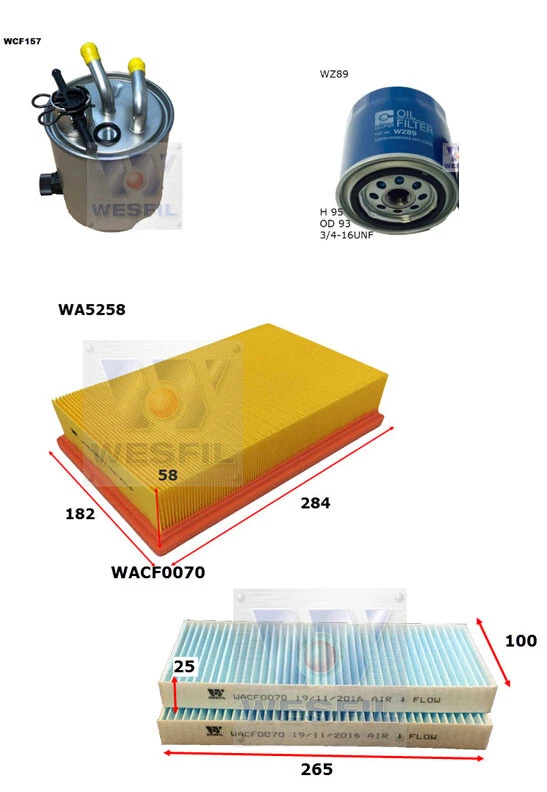 WESFIL AIR OIL FUEL CAB FILTER SERVICE KIT FOR NISSAN NAVARA ST-X D40 YD25DDTI - image 1 of 1
