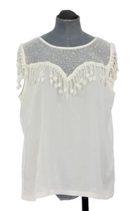 Zara White Top Tank Blouse Sleeveless Lace Cotton Tank Fringe Fishnet L BNWT - Picture 1 of 16