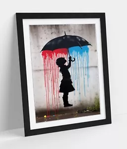 BANKSY STYLE UMBRELLA GIRL COLOURFUL RAIN -FRAMED WALL ART POSTER PAPER PRINT - Picture 1 of 10