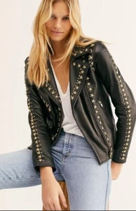 New Free People Star Studded Distressed Moto Jacket Size Small - Picture 1 of 8