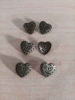 Vintage Lot of 6 Heart Shaped with Floral Design Metal Buttons 1/2" - Image 1 of 4