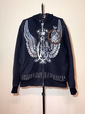 Sudadera con capucha gofre vintage Y2K Christian Audigier AOP pedrería cremallera para hombre talla L-XL Foto 1 de 4