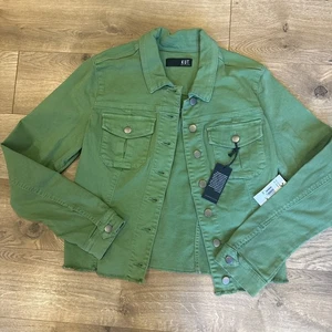 NWT Kut from the Kloth Kara Jacket Womens L Green Frayed Raw Hem Denim Jean Coat - Picture 1 of 6