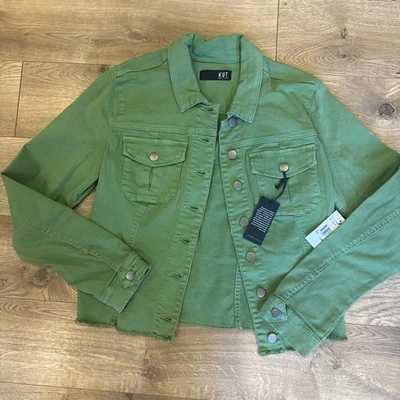 NWT Kut from the Kloth Kara Jacket Womens L Green Frayed Raw Hem Denim Jean Coat - Image 1 of 4