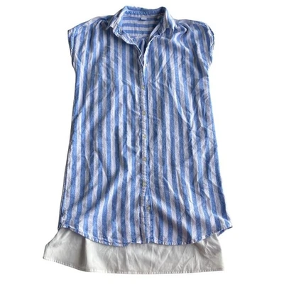 Top túnica para mujer Old Navy mezcla de lino manga gorra rayas azules y blancas mediano Foto 1 de 4