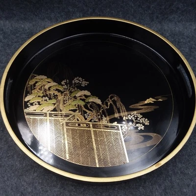 Bandeja redonda de laca vintage Otagiri original Japón negra/dorada 13" MCM Foto 1 de 4