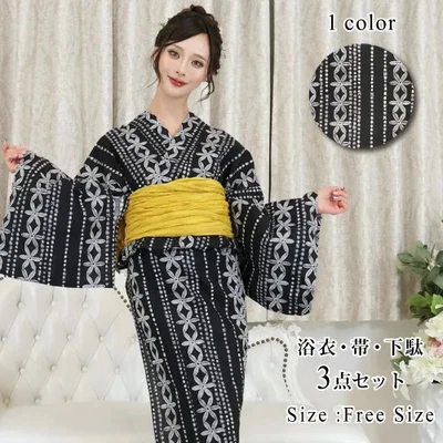 Japanese Yukata Kimono 3-piece set with a Graceful Floral Line - Image 1 of 4