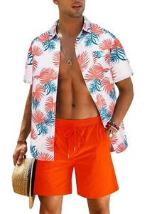 Men's Hawaiian Short Sleeve Shirt Leaves Print Casual Button Down Fit Beach O... - Picture 1 of 7