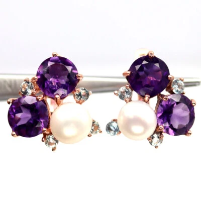 Plata de ley 925 8 mm. Pendientes de perlas blancas, amatista púrpura y topacio azul cielo Foto 1 de 4