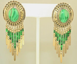 VINTAGE SOUTHWESTERN STERLING SILVER MALACHITE LARGE PIERCED EARRINGS SIGNED STC - Picture 1 of 5